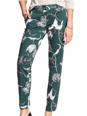Banana Republic Floral Reegan Slim Straight Ankle Pants, Dark Green, Size 4